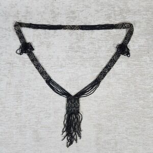VINTAGE SEED BEAD WOVEN FRINGE LONG NECKLACE BLACK ESTATE
